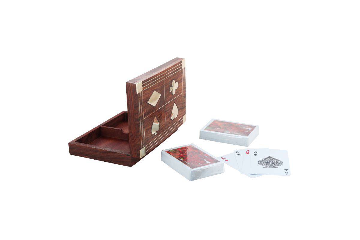 Wooden Box for Holding Sets of Playing Cards Deck with Brass Inlay