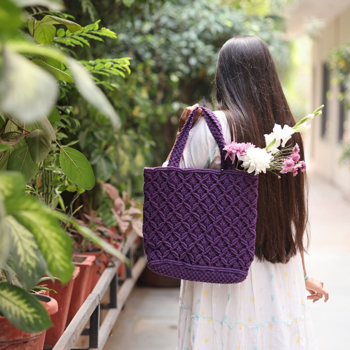 Purple Macrame Tote Bag