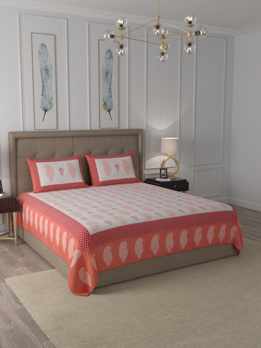 Red Elegant Hand Block Print Pure Cotton Super King Size Bedding Set