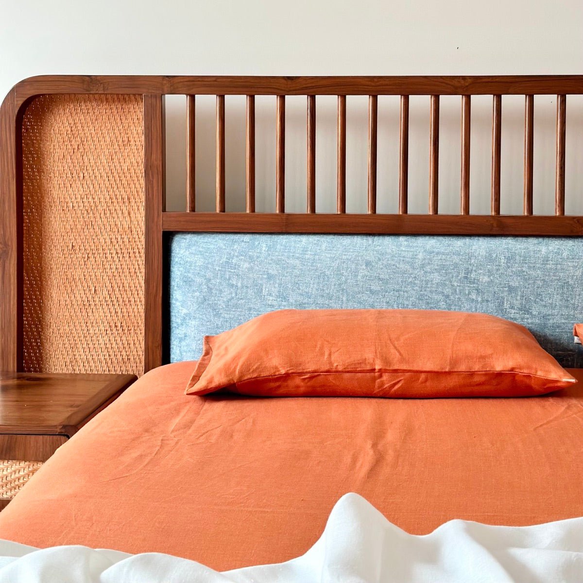 Rust Orange Hemp Herringbone Weave Bedsheet Set with Pillow Cases- Sawera