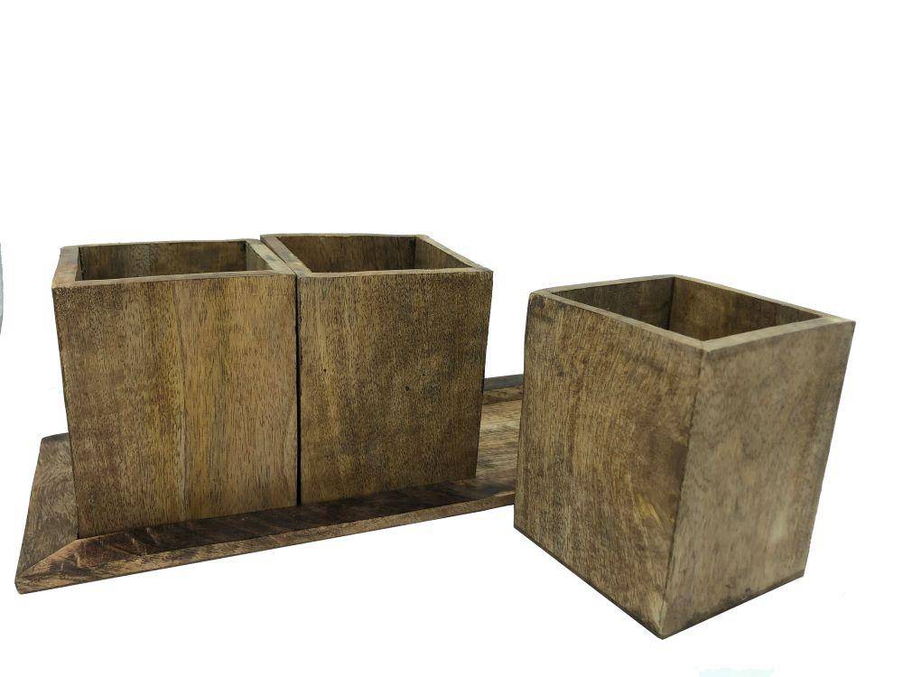 Rustic Wooden Kitchen Organiser or Caddy  Tri-Container with Tray