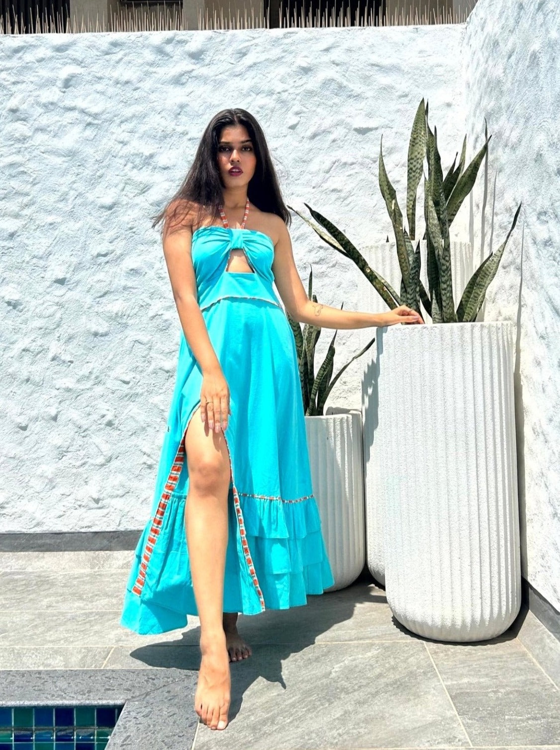 Sara Halter Neck Beach Handloom Cotton Dress Aqua