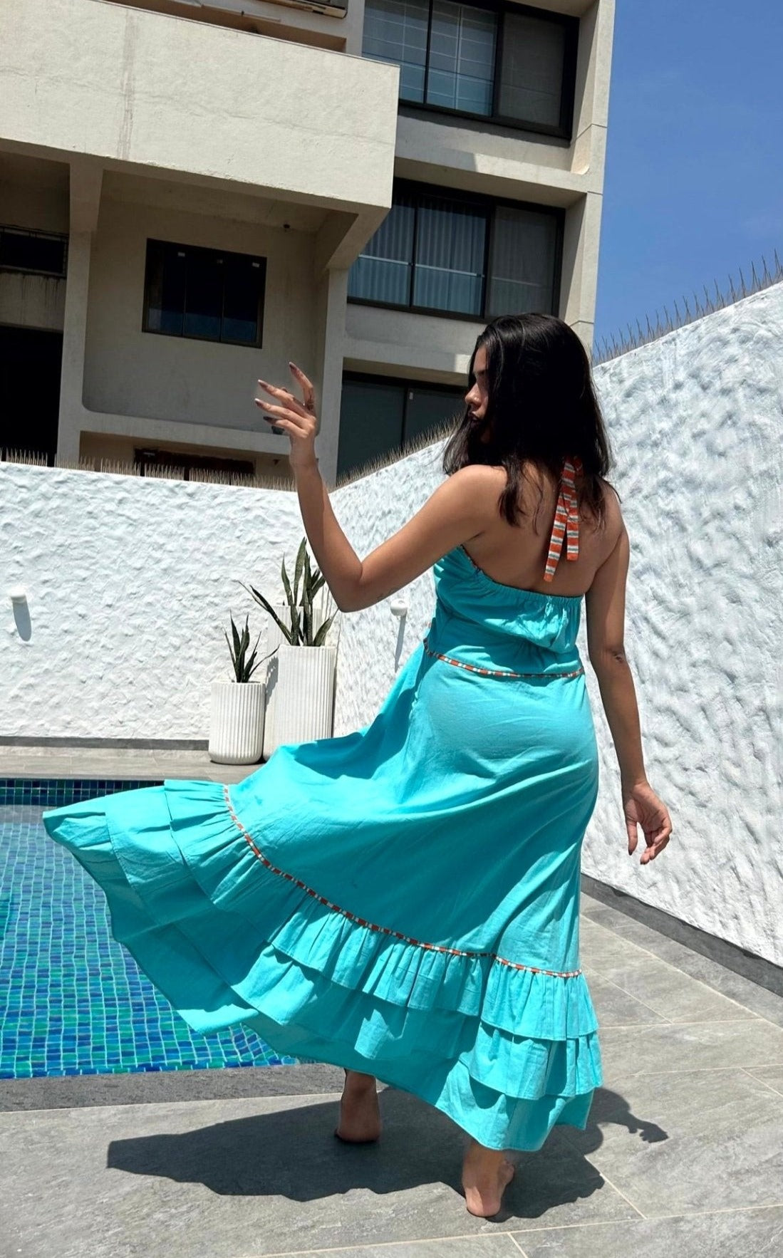 Sara Halter Neck Beach Handloom Cotton Dress Aqua