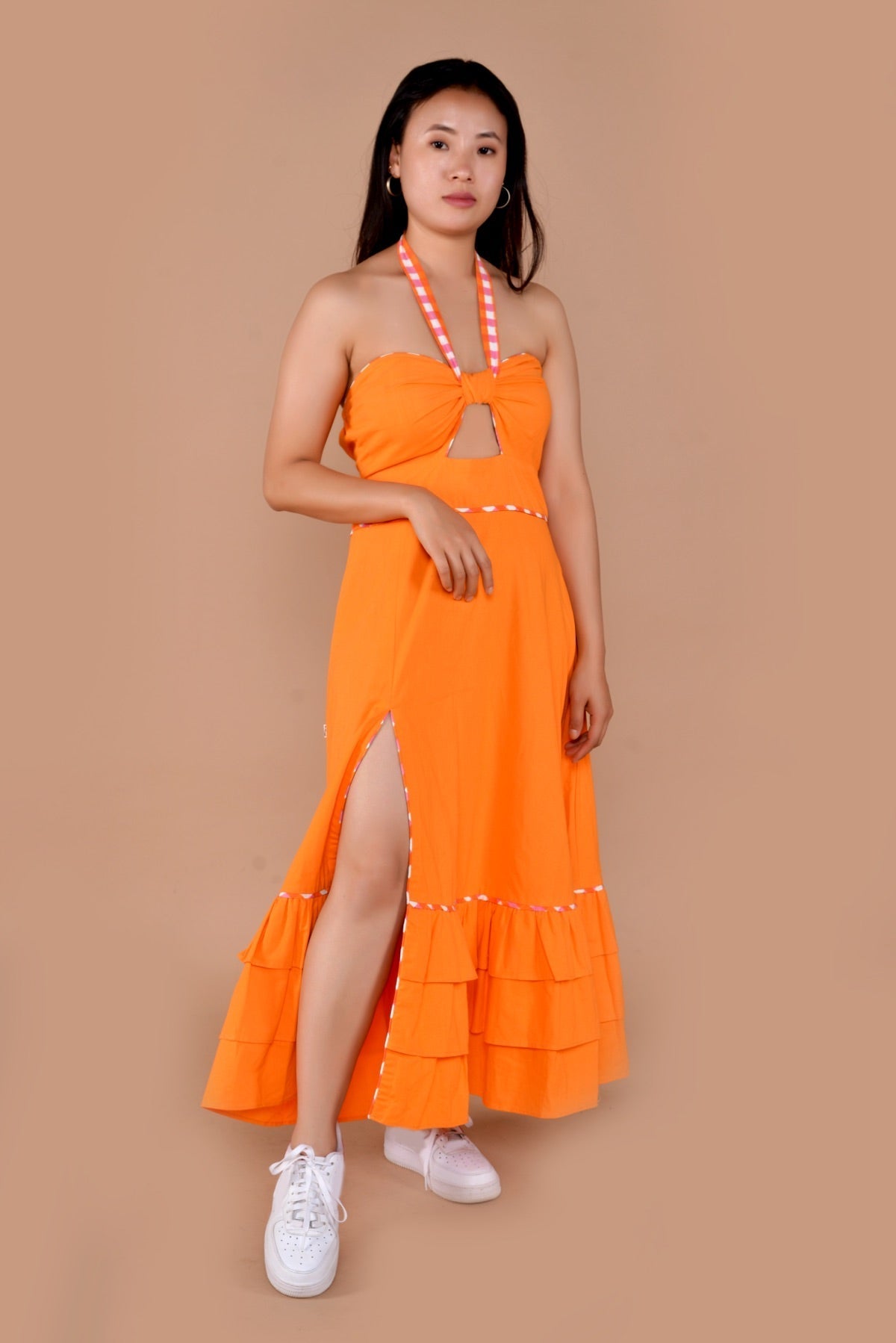 Sara Halter Neck Beach Handloom Cotton Dress Orange