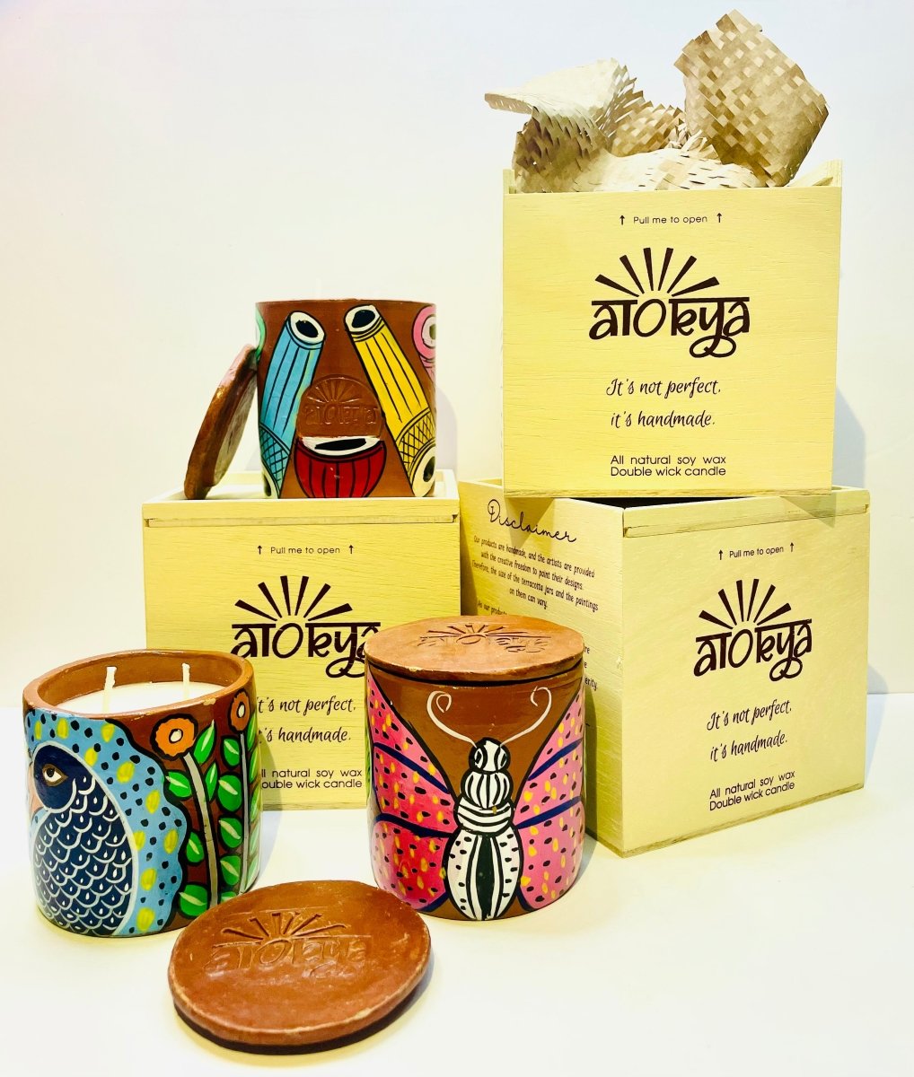 Scented Soy wax Candles | Folk art on Terracotta Jar | Pack of 3 - Double Wick