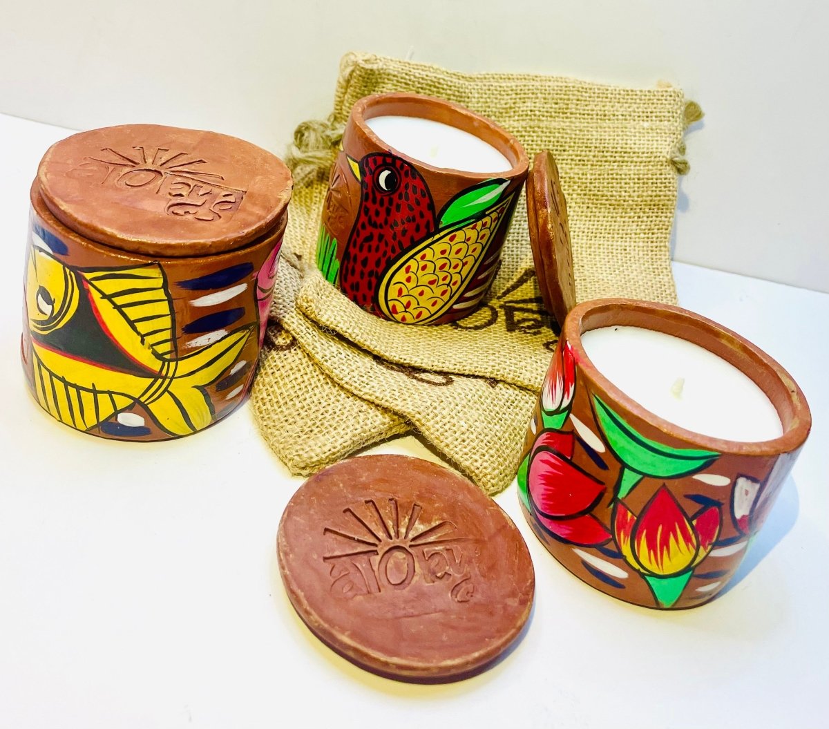 Scented Soy wax Candles | Folk art on Terracotta Jar | Pack of 3 - Single Wick (Small)