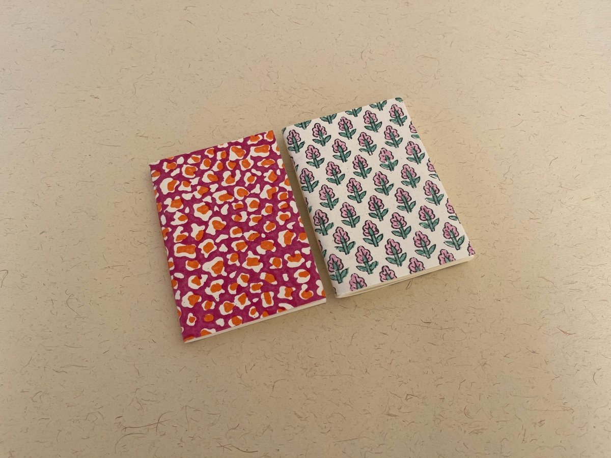 Set of 2 pocket-size handmade block print journal | Eco - friendly notebook | Sustainable | Upcycled cotton rag paper