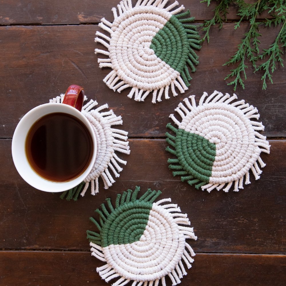 Khushi Green & White Set of 4 Coasters Macrame