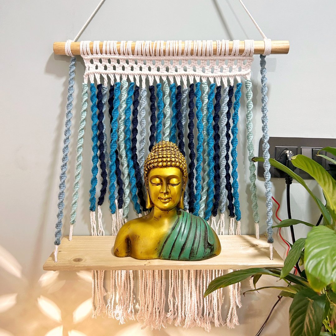 Shades of Blue Macrame Wall Shelf