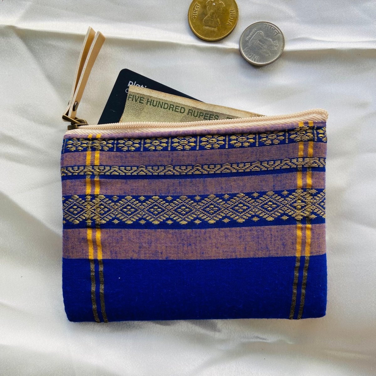 Small Zipper Pouches- Mini Wallets-Blue with Zari