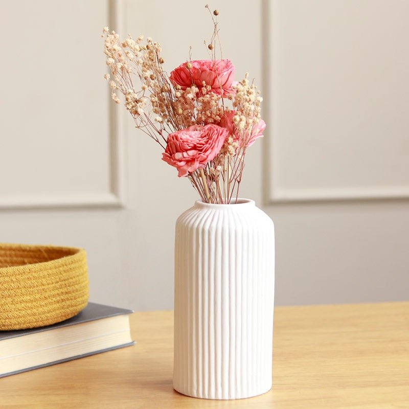 Snow White Ceramic Vase with Dried Harmony Bunch