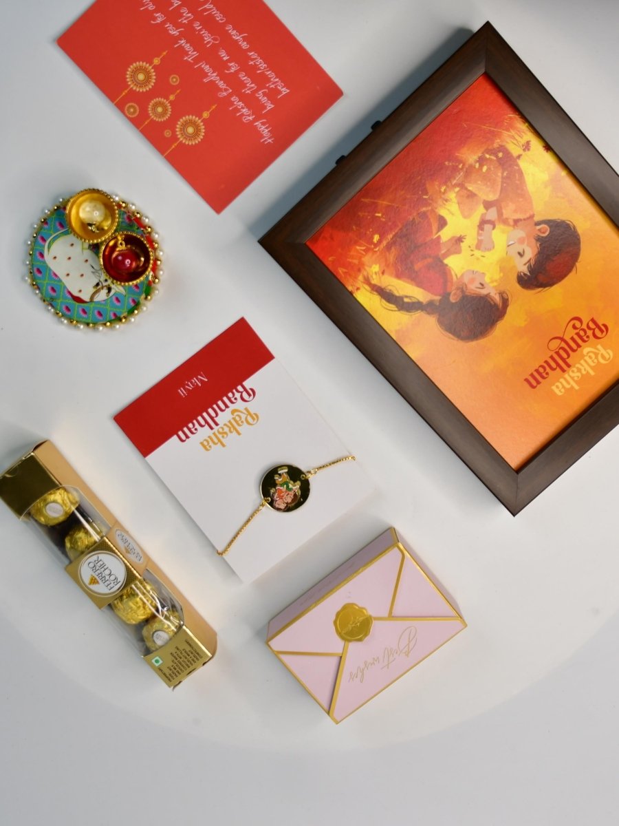 Sowpeace Exquisite Bhai Behen Rakhi Pack of 1 with Roli Chawal Thali, Chocolates, Photo Frame and Greeting card combo for Raksha Bandhan and Gifting