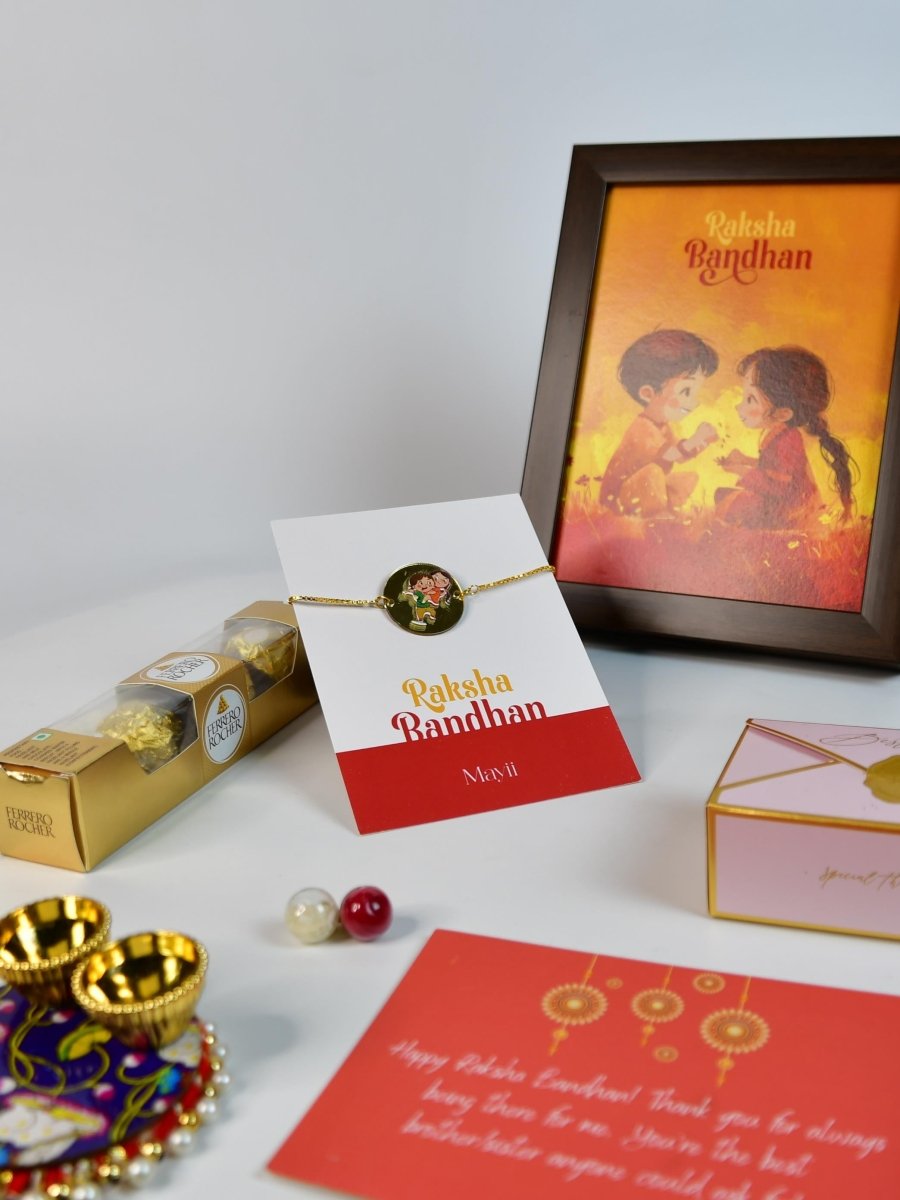 Sowpeace Exquisite Bhai Behen Rakhi Pack of 1 with Roli Chawal Thali, Chocolates, Photo Frame and Greeting card combo for Raksha Bandhan and Gifting