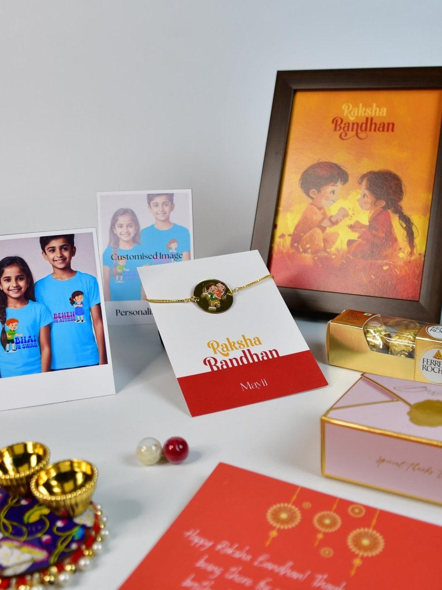 Sowpeace Exquisite Bhai Behen Rakhi Pack of 1 with Roli Chawal Thali, Chocolates, Photo Frame, Poloroids and Greeting card combo for Raksha Bandhan and Gifting