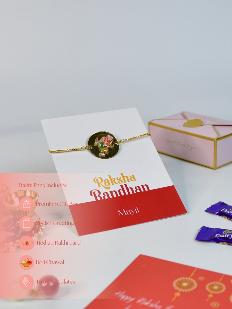 Sowpeace Exquisite Bhai Behen Rakhi Pack of 1 with Roli Chawal Thali, two Chocolates, and Greeting card combo for Raksha Bandhan and Gifting