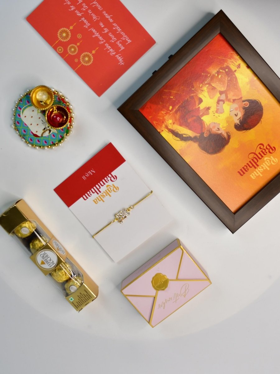 Sowpeace Exquisite BHAI Rakhi Pack of 1 with Roli Chawal Thali, Chocolates, Photo Frame and Greeting card combo for Raksha Bandhan and Gifting