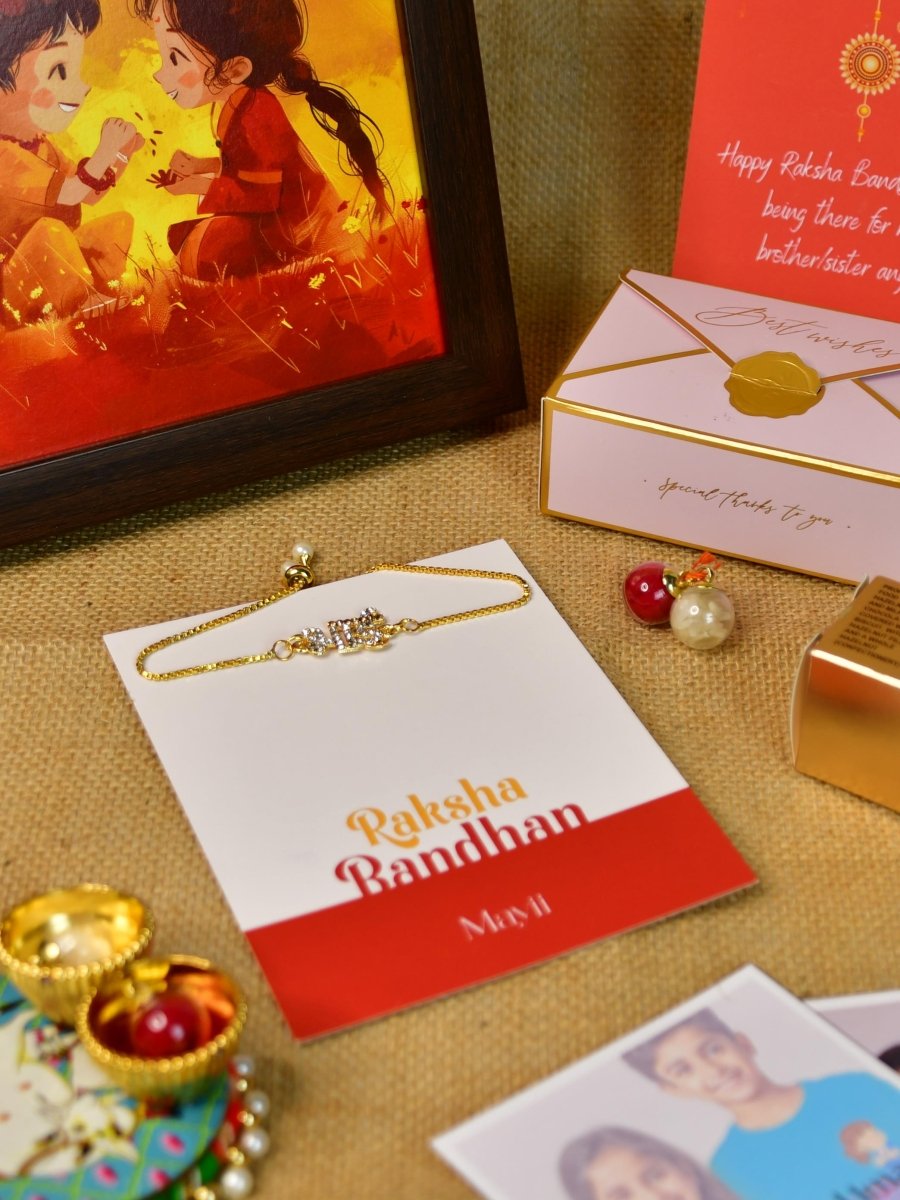 Sowpeace Exquisite BHAI Rakhi Pack of 1 with Roli Chawal Thali, Chocolates, Photo Frame, Poloroids and Greeting card combo for Raksha Bandhan and Gifting