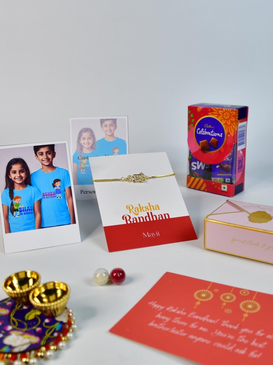 Sowpeace Exquisite BHAI Rakhi Pack of 1 with Roli Chawal Thali, Chocolates, Poloroids and Greeting card combo for Raksha Bandhan and Gifting