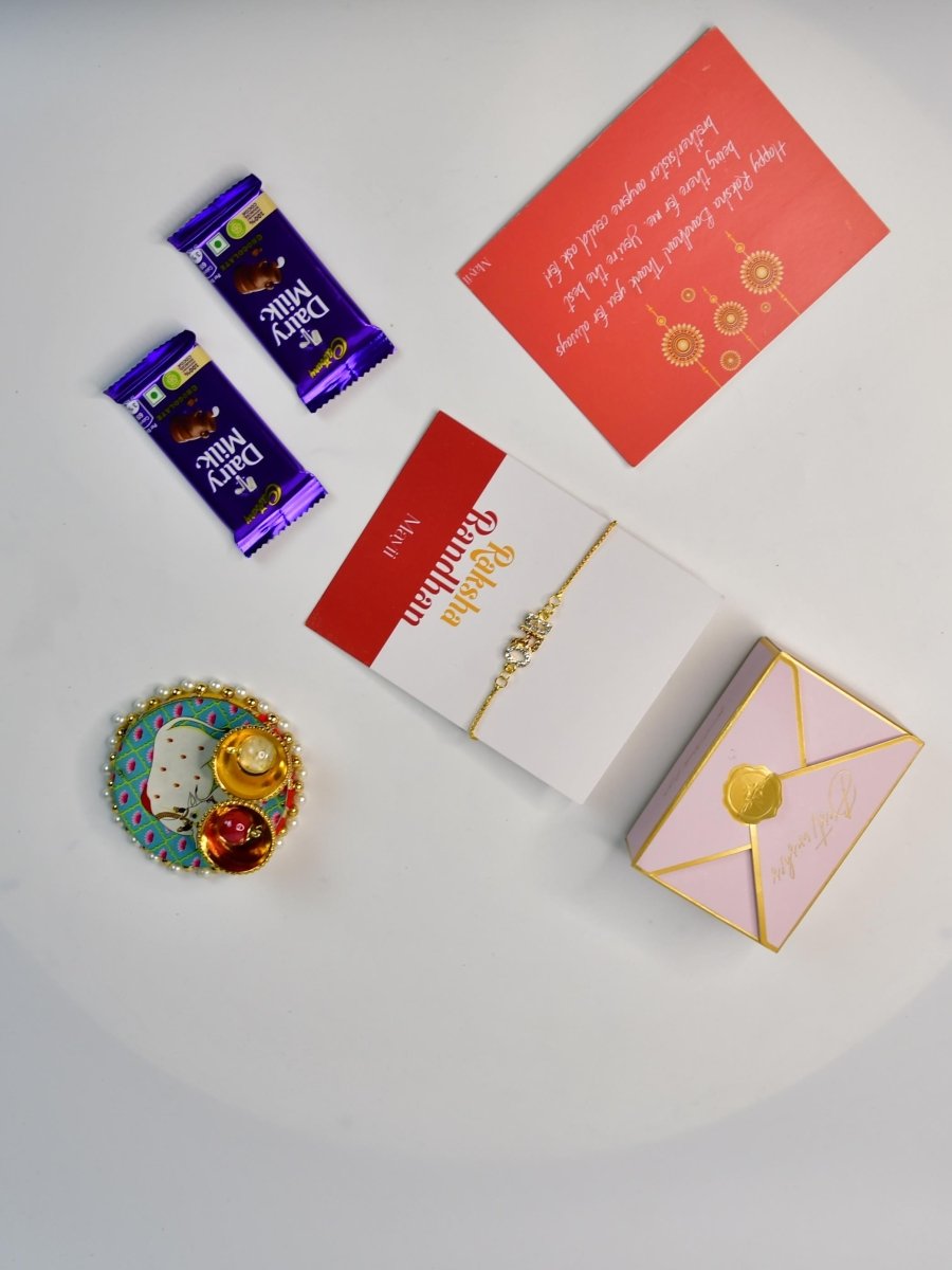 Sowpeace Exquisite BRO Rakhi Pack of 1 with Roli Chawal Thali, Chocolates, and Greeting card combo for Raksha Bandhan and Gifting