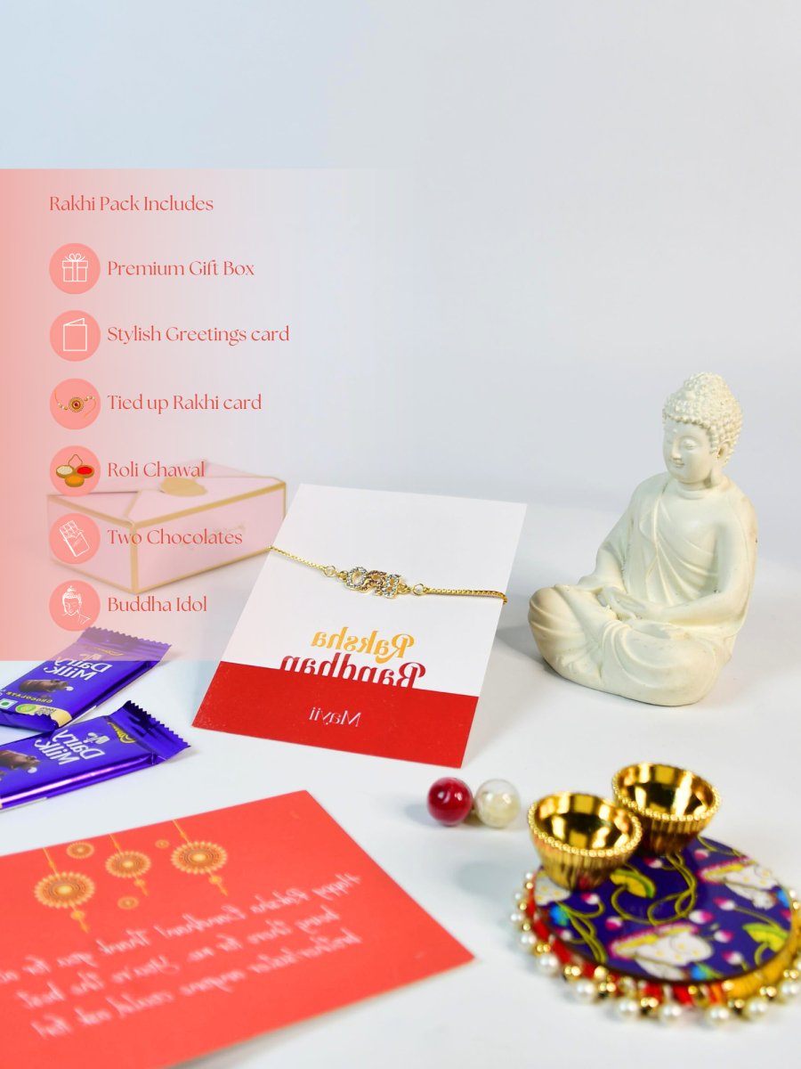 Sowpeace Exquisite BRO Rakhi Pack of 1 with Roli Chawal Thali, Chocolates, Buddha and Greeting card combo for Raksha Bandhan and Gifting