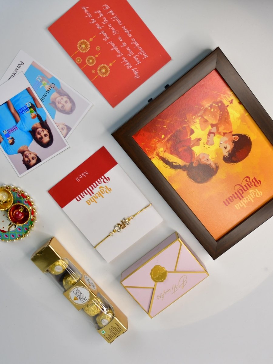 Sowpeace Exquisite BRO Rakhi Pack of 1 with Roli Chawal Thali, Chocolates, Photo Frame, Poloroids and Greeting card combo for Raksha Bandhan and Gifting