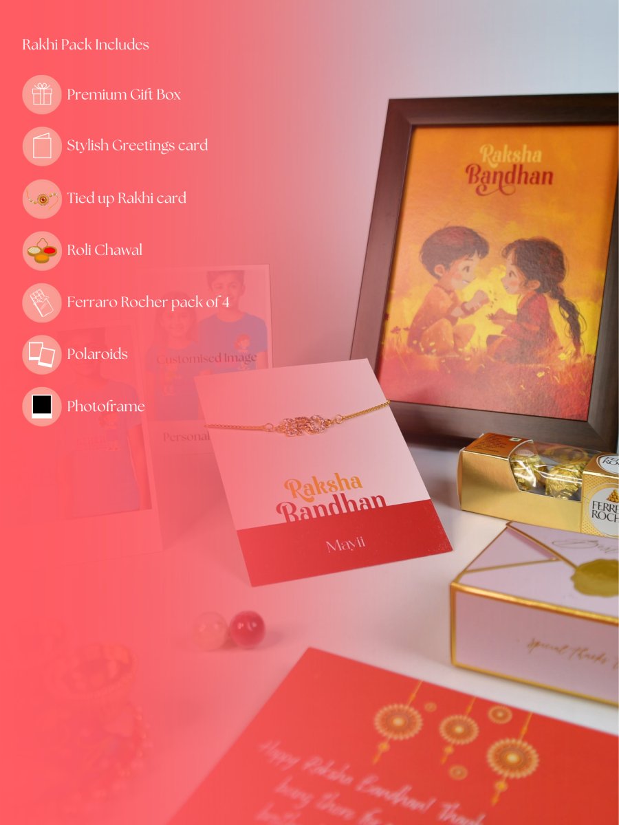 Sowpeace Exquisite BRO Rakhi Pack of 1 with Roli Chawal Thali, Chocolates, Photo Frame, Poloroids and Greeting card combo for Raksha Bandhan and Gifting