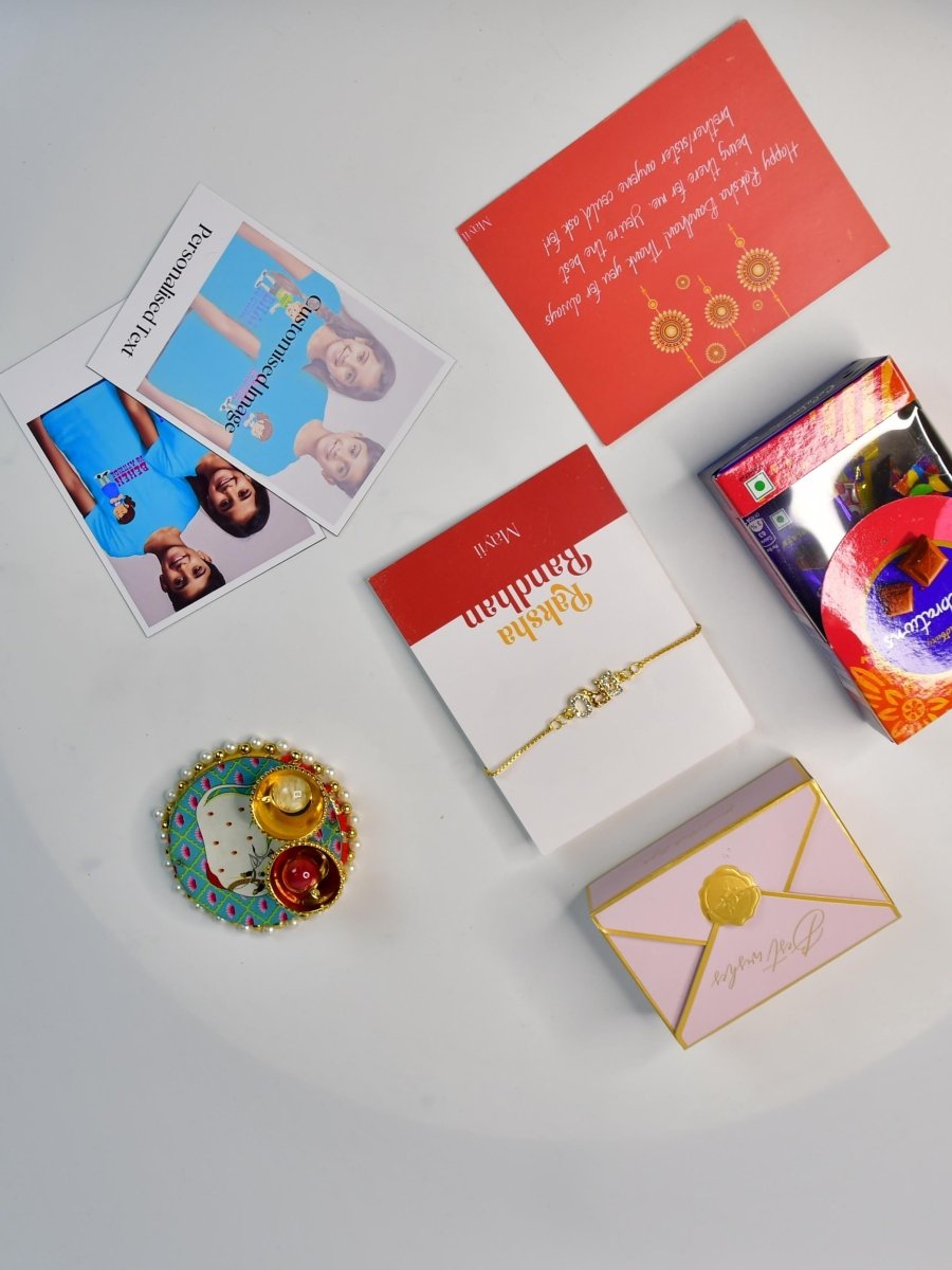 Sowpeace Exquisite BRO Rakhi Pack of 1 with Roli Chawal Thali, Chocolates, Poloroids and Greeting card combo for Raksha Bandhan and Gifting