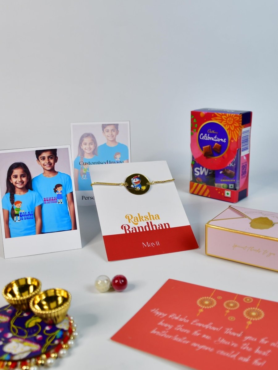 Sowpeace Exquisite Doraemon Rakhi Pack of 1 with Roli Chawal Thali, Chocolates, Poloroids and Greeting card combo for Raksha Bandhan and Gifting