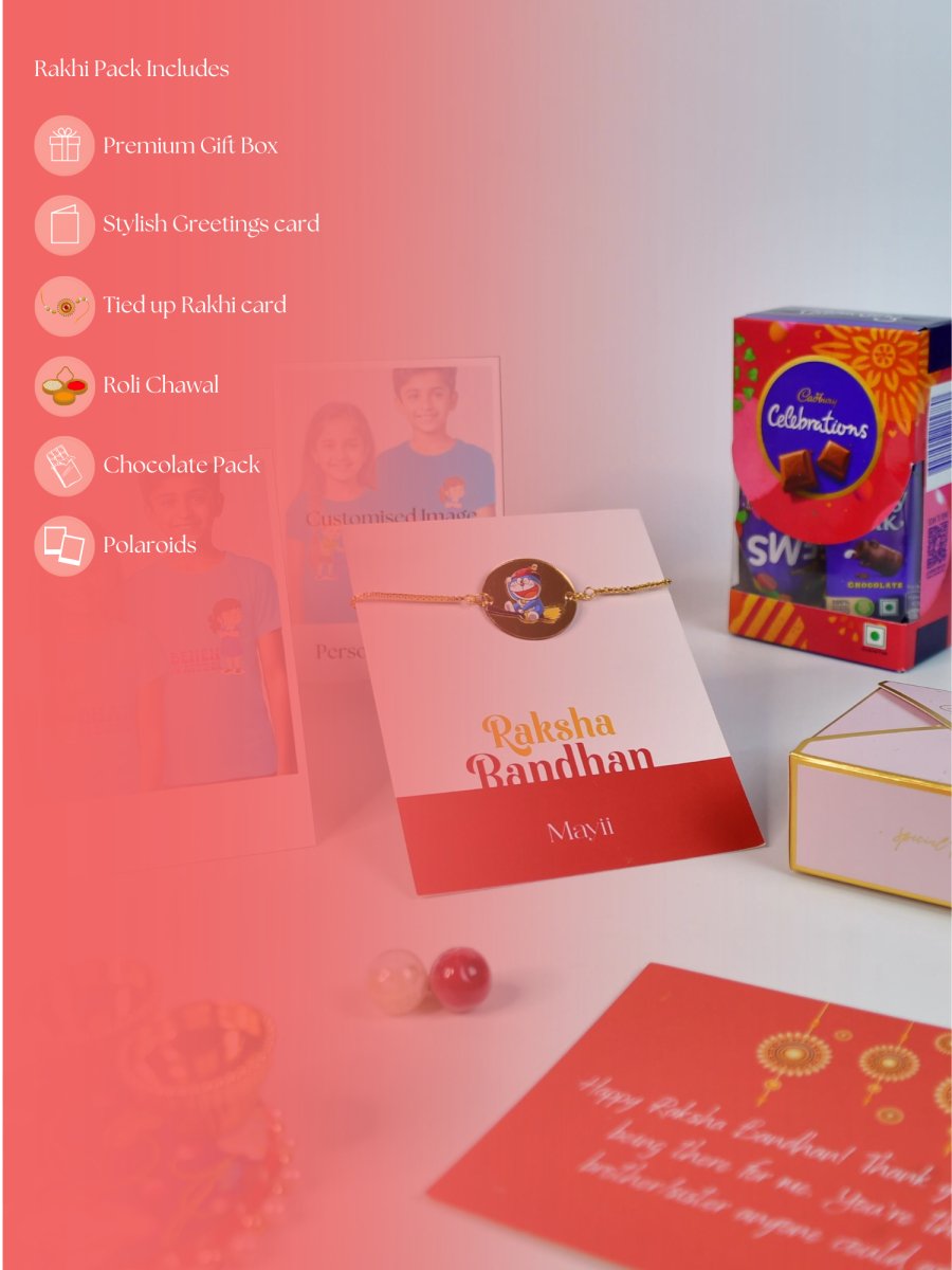 Sowpeace Exquisite Doraemon Rakhi Pack of 1 with Roli Chawal Thali, Chocolates, Poloroids and Greeting card combo for Raksha Bandhan and Gifting