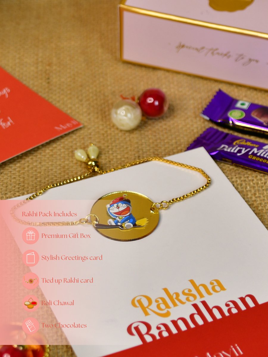 Sowpeace Exquisite Doraemon Rakhi Pack of 1 with Roli Chawal Thali, two Chocolates, and Greeting card combo for Raksha Bandhan and Gifting