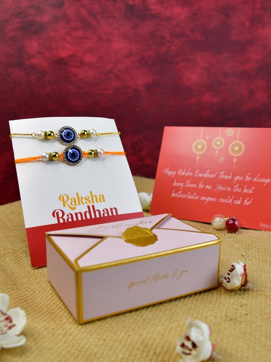 Sowpeace Exquisite Evil Eye Rakhi Pack of 1 with Roli Chawal and Greeting card combo for Raksha Bandhan and Gifting