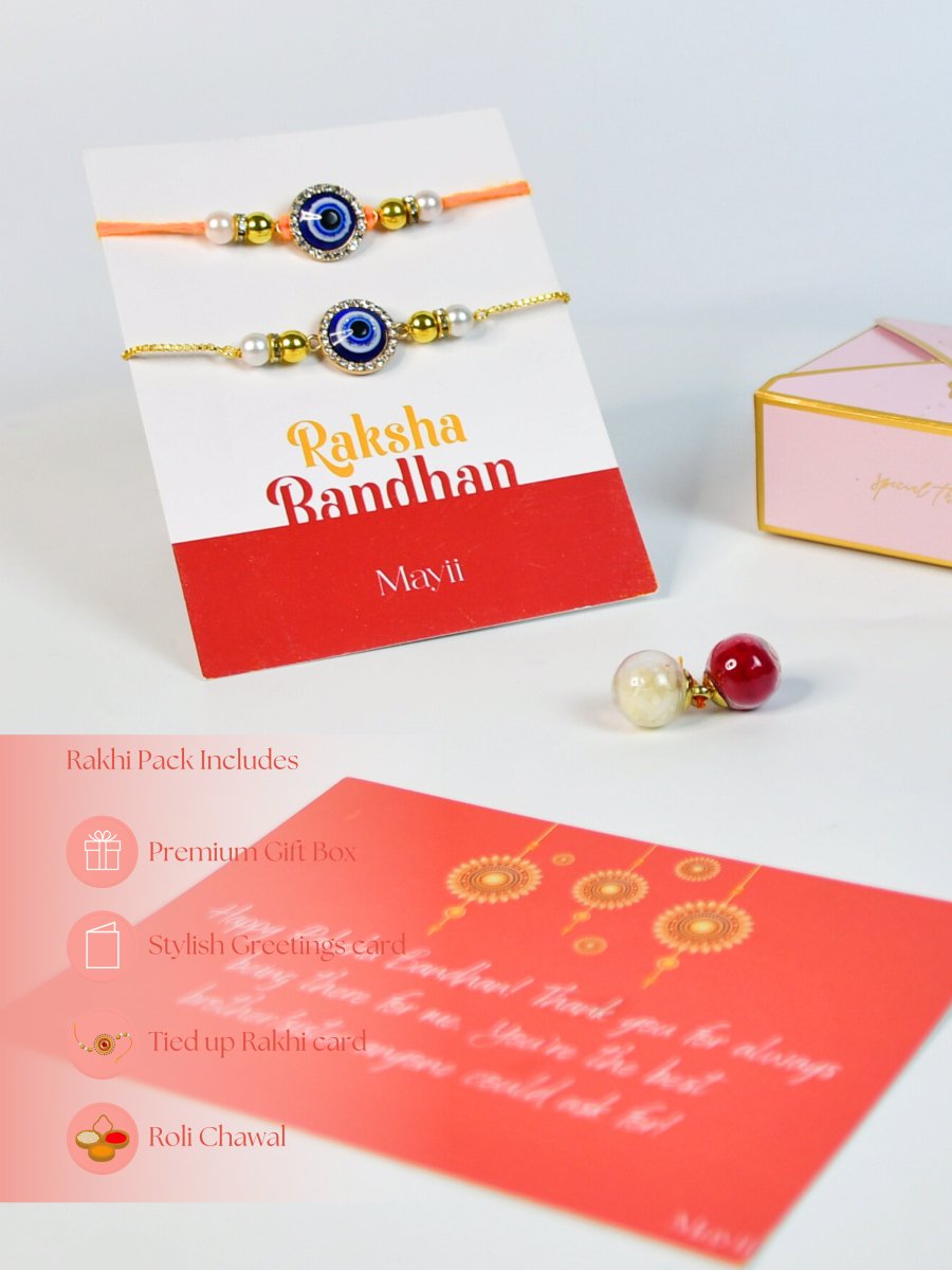 Sowpeace Exquisite Evil Eye Rakhi Pack of 1 with Roli Chawal and Greeting card combo for Raksha Bandhan and Gifting