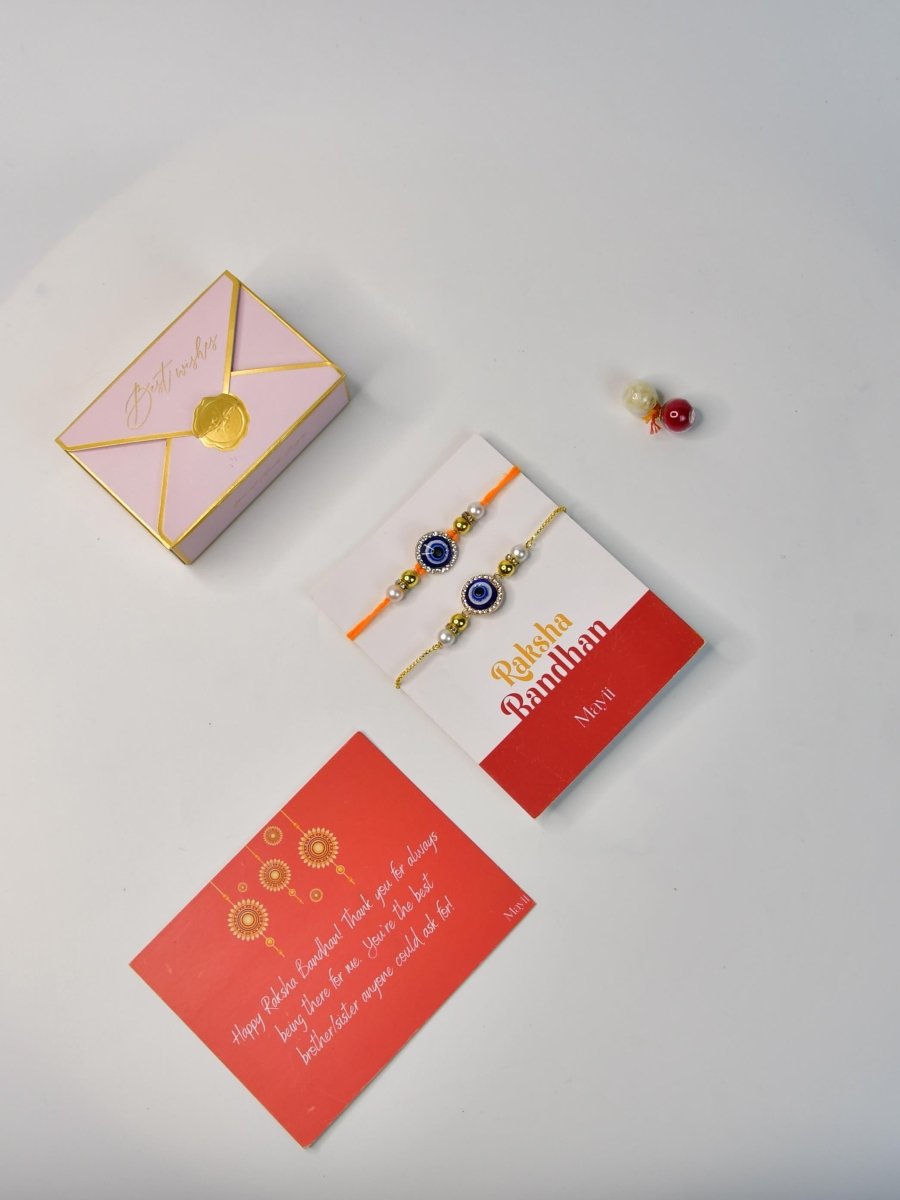 Sowpeace Exquisite Evil Eye Rakhi Pack of 1 with Roli Chawal and Greeting card combo for Raksha Bandhan and Gifting