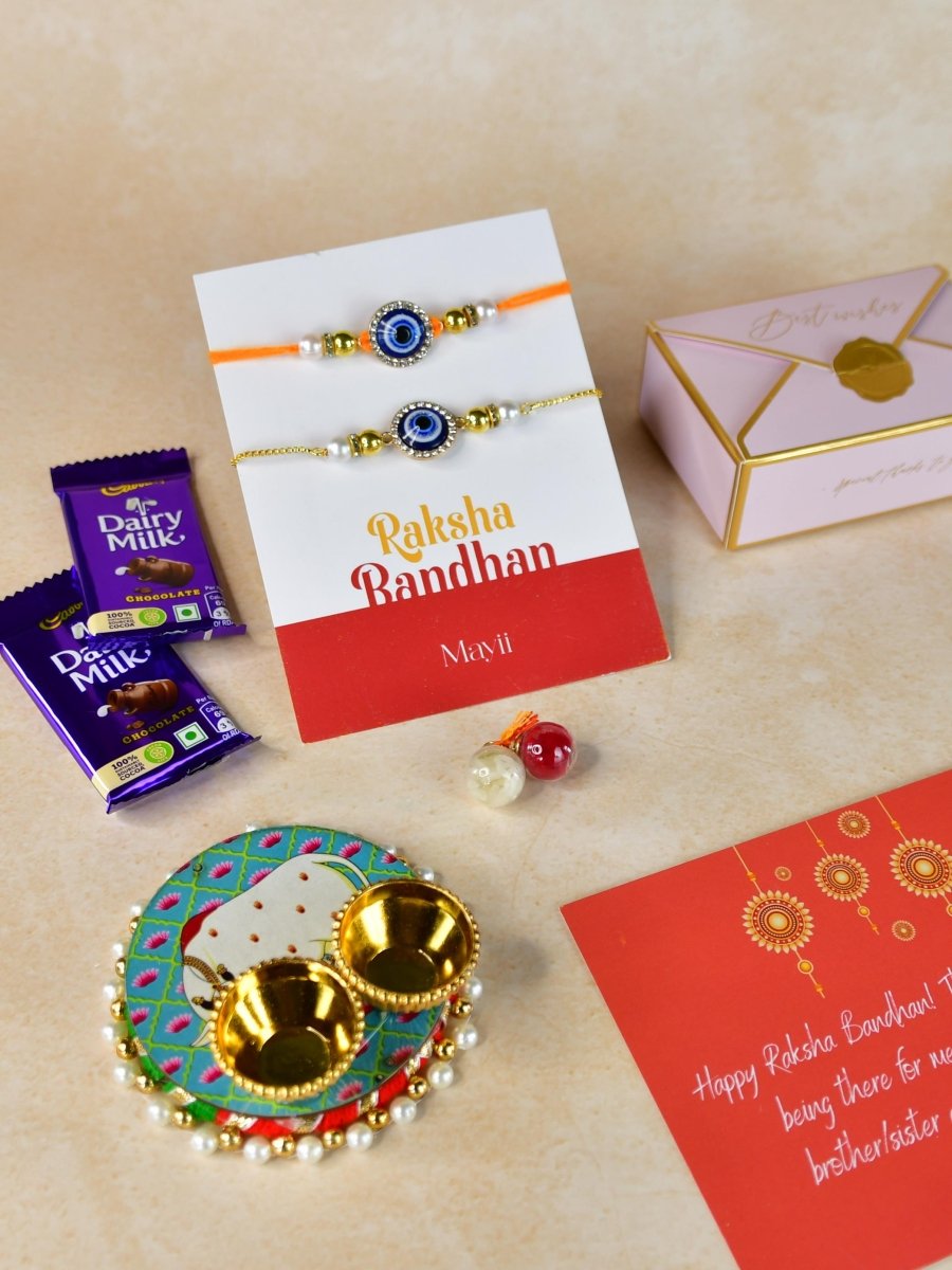 Sowpeace Exquisite Evil Eye Rakhi Pack of 1 with Roli Chawal Thali, Chocolates, and Greeting card combo for Raksha Bandhan and Gifting