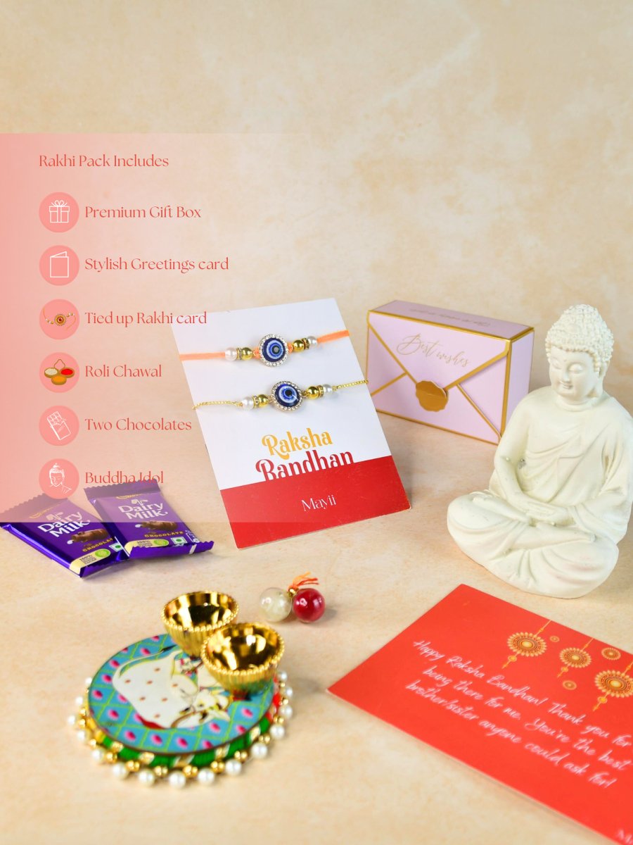 Sowpeace Exquisite Evil Eye Rakhi Pack of 1 with Roli Chawal Thali, Chocolates, Buddha and Greeting card combo for Raksha Bandhan and Gifting