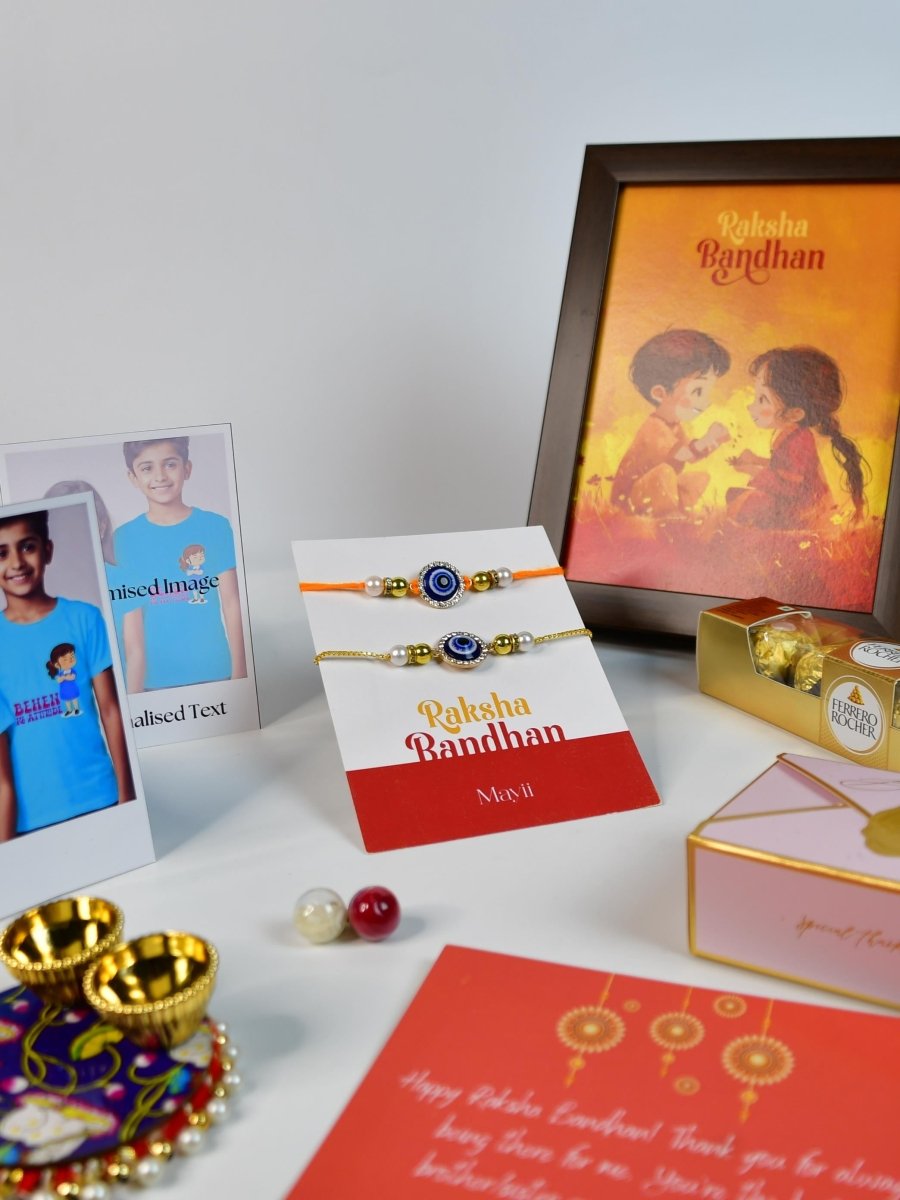 Sowpeace Exquisite Evil Eye Rakhi Pack of 1 with Roli Chawal Thali, Chocolates, Photo Frame, Poloroids and Greeting card combo for Raksha Bandhan and Gifting