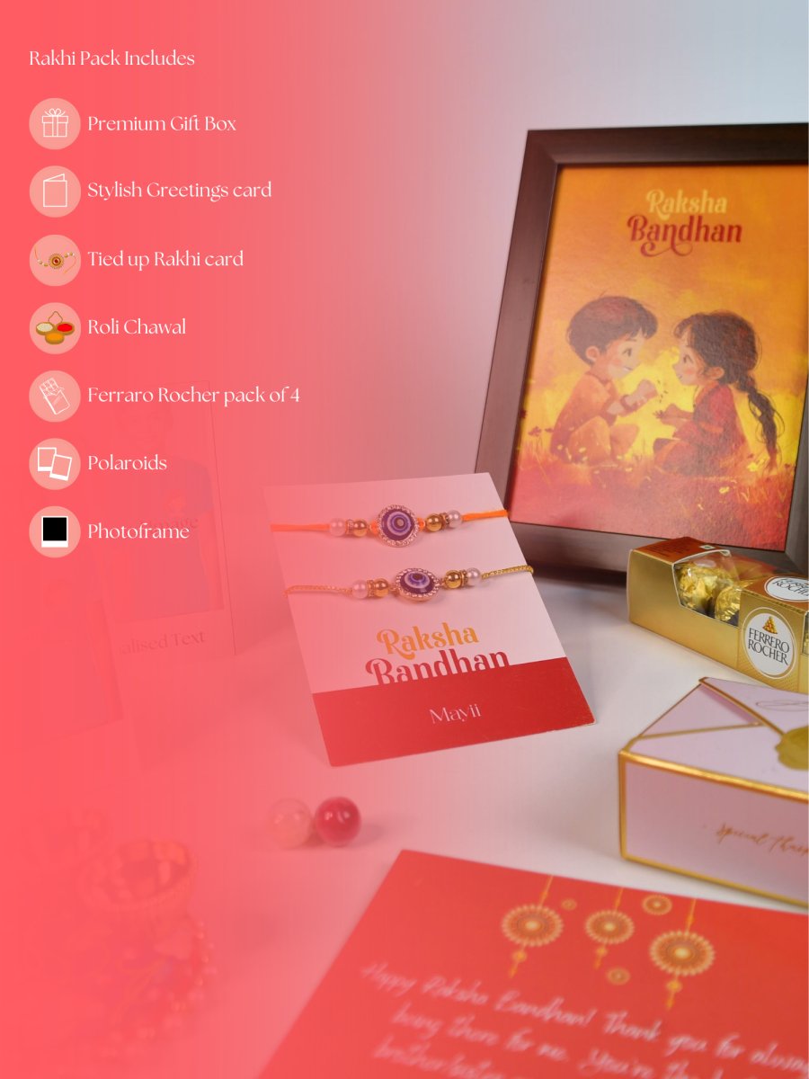 Sowpeace Exquisite Evil Eye Rakhi Pack of 1 with Roli Chawal Thali, Chocolates, Photo Frame, Poloroids and Greeting card combo for Raksha Bandhan and Gifting