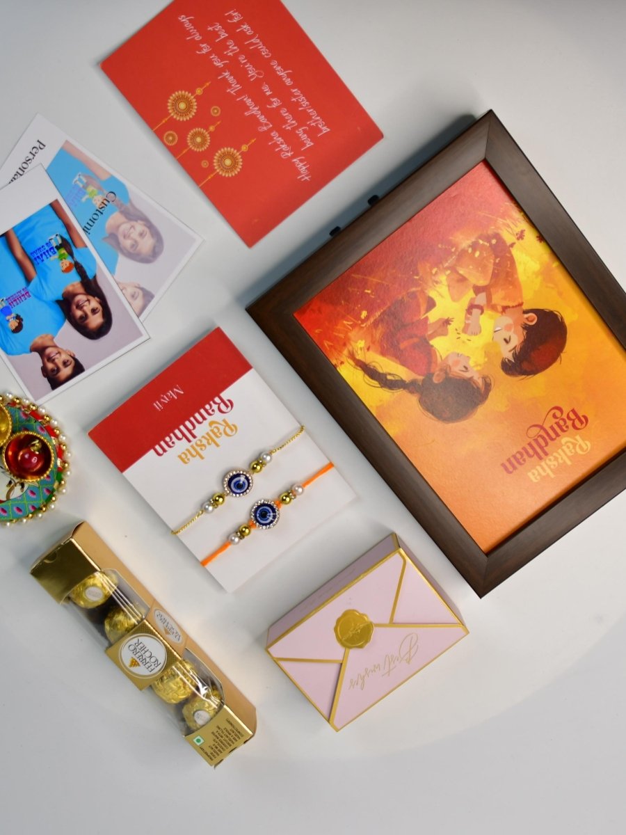 Sowpeace Exquisite Evil Eye Rakhi Pack of 1 with Roli Chawal Thali, Chocolates, Photo Frame, Poloroids and Greeting card combo for Raksha Bandhan and Gifting