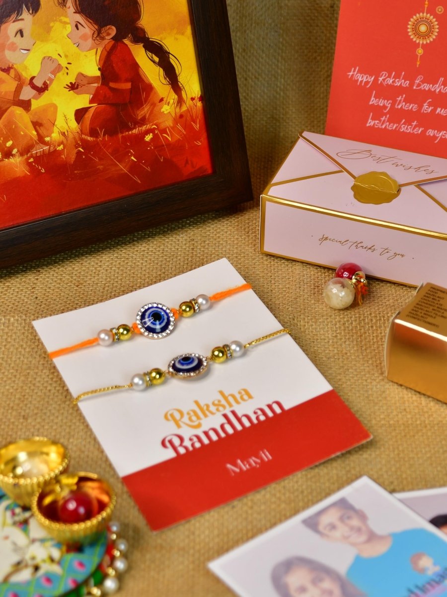 Sowpeace Exquisite Evil Eye Rakhi Pack of 1 with Roli Chawal Thali, Chocolates, Photo Frame, Poloroids and Greeting card combo for Raksha Bandhan and Gifting