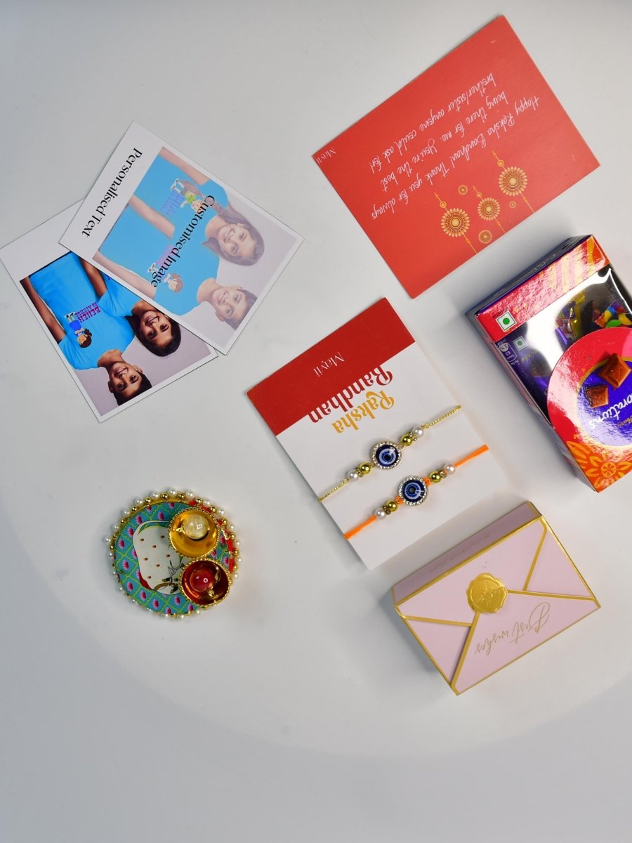 Sowpeace Exquisite Evil Eye Rakhi Pack of 1 with Roli Chawal Thali, Chocolates, Poloroids and Greeting card combo for Raksha Bandhan and Gifting