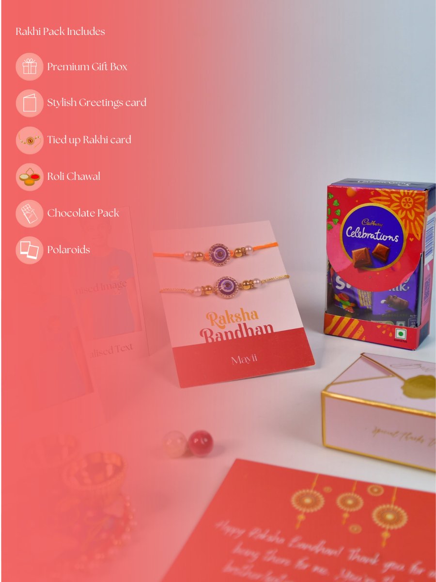 Sowpeace Exquisite Evil Eye Rakhi Pack of 1 with Roli Chawal Thali, Chocolates, Poloroids and Greeting card combo for Raksha Bandhan and Gifting