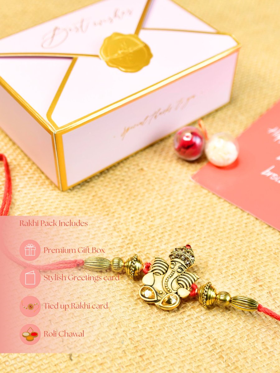 Sowpeace Exquisite Golden Ganesha Rakhi Pack of 1 with Roli Chawal and Greeting card combo for Raksha Bandhan and Gifting