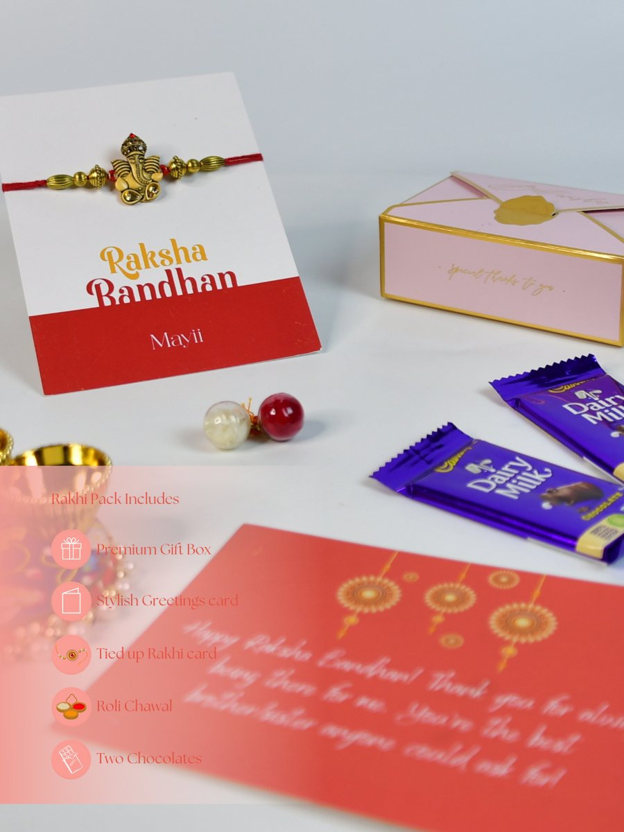 Sowpeace Exquisite Golden Ganesha Rakhi Pack of 1 with Roli Chawal Thali, Chocolates, and Greeting card combo for Raksha Bandhan and Gifting