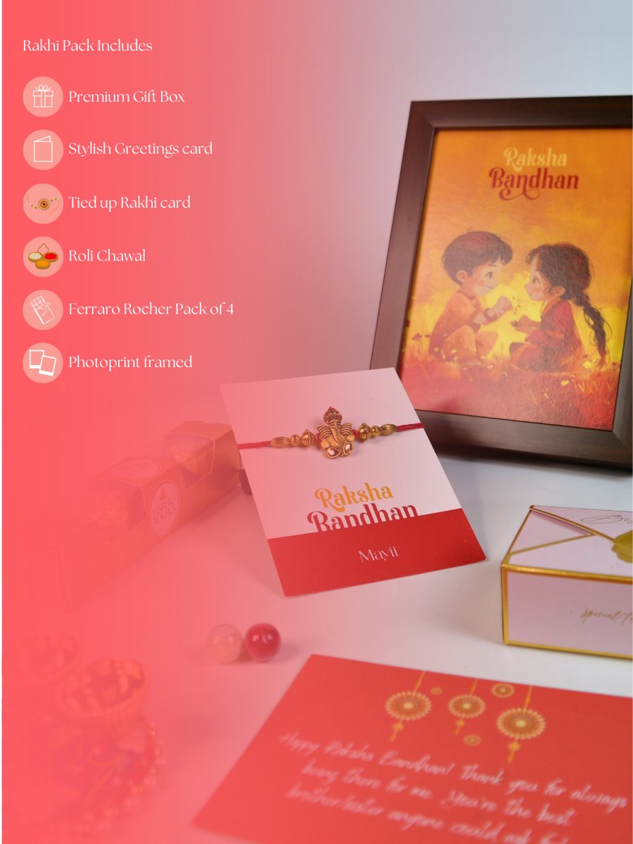 Sowpeace Exquisite Golden Ganesha Rakhi Pack of 1 with Roli Chawal Thali, Chocolates, Photo Frame and Greeting card combo for Raksha Bandhan and Gifting