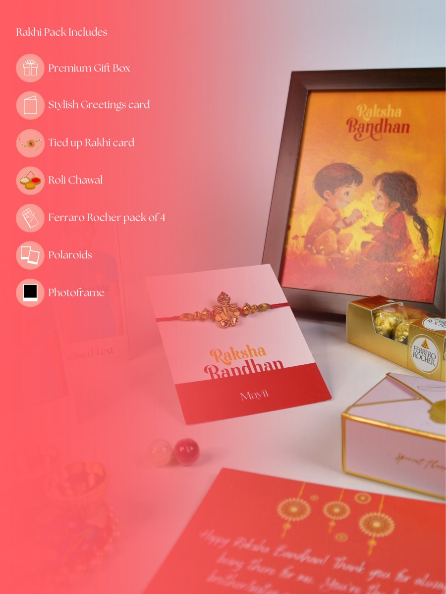 Sowpeace Exquisite Golden Ganesha Rakhi Pack of 1 with Roli Chawal Thali, Chocolates, Photo Frame, Poloroids and Greeting card combo for Raksha Bandhan and Gifting