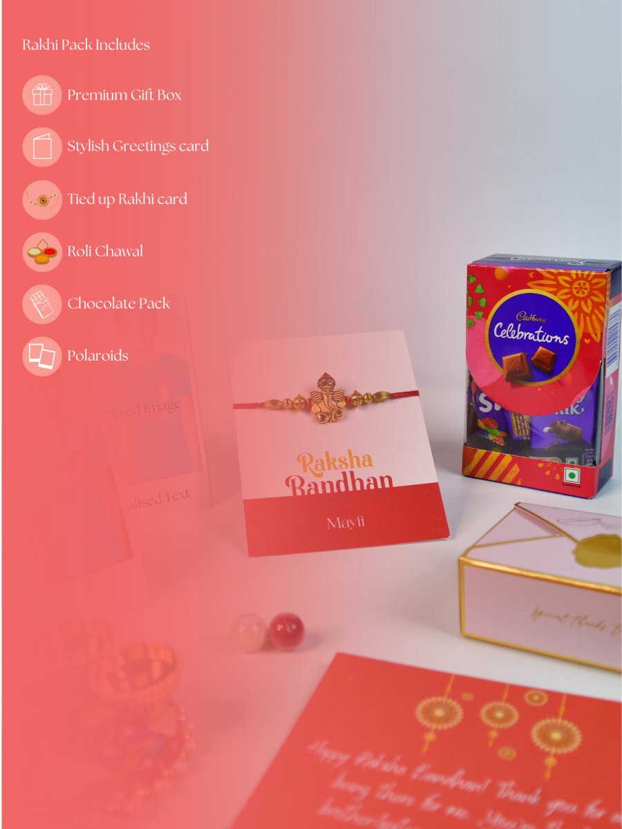 Sowpeace Exquisite Golden Ganesha Rakhi Pack of 1 with Roli Chawal Thali, Chocolates, Poloroids and Greeting card combo for Raksha Bandhan and Gifting