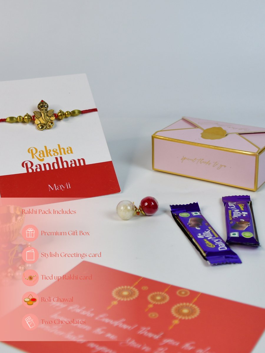 Sowpeace Exquisite Golden Ganesha Rakhi Pack of 1 with Roli Chawal Thali, two Chocolates, and Greeting card combo for Raksha Bandhan and Gifting