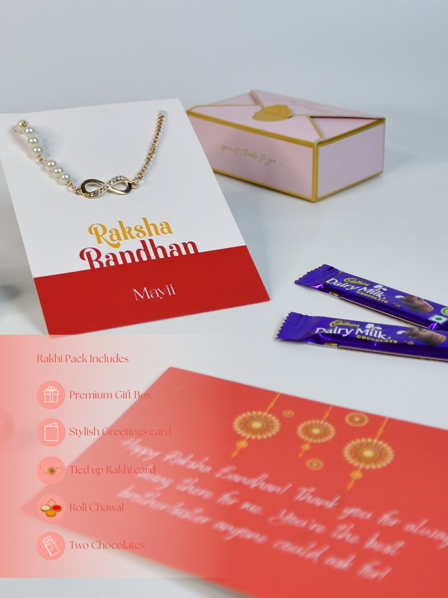 Sowpeace Exquisite Infinite Rakhi Pack of 1 with Roli Chawal Thali, Chocolates, and Greeting card combo for Raksha Bandhan and Gifting