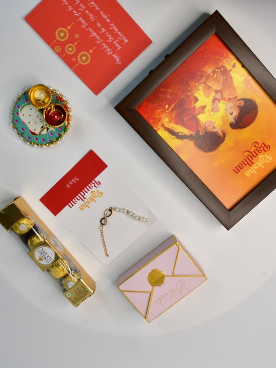 Sowpeace Exquisite Infinite Rakhi Pack of 1 with Roli Chawal Thali, Chocolates, Photo Frame and Greeting card combo for Raksha Bandhan and Gifting