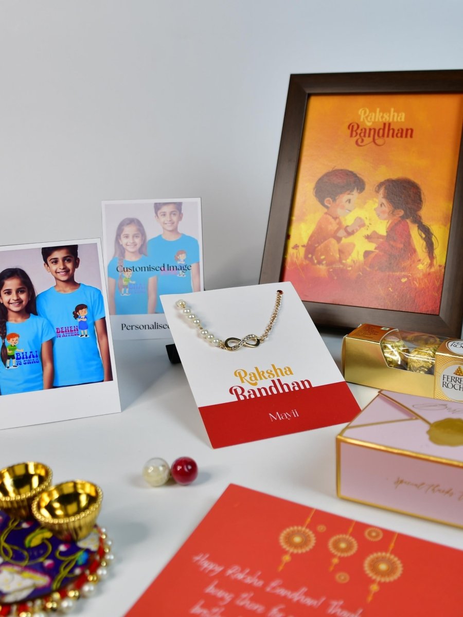 Sowpeace Exquisite Infinite Rakhi Pack of 1 with Roli Chawal Thali, Chocolates, Photo Frame, Poloroids and Greeting card combo for Raksha Bandhan and Gifting